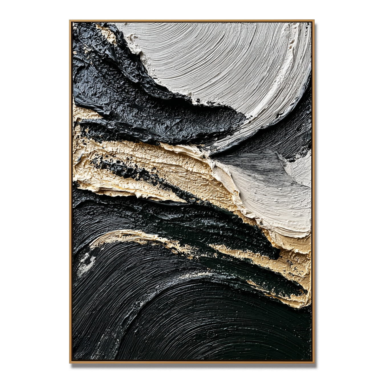 textured black, white, and gold abstract wall art with swirling lines