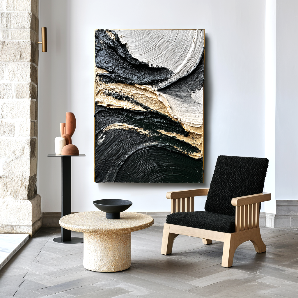 textured black, white, and gold abstract wall art with swirling lines