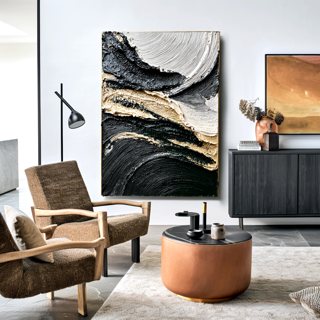 textured black, white, and gold abstract wall art with swirling lines