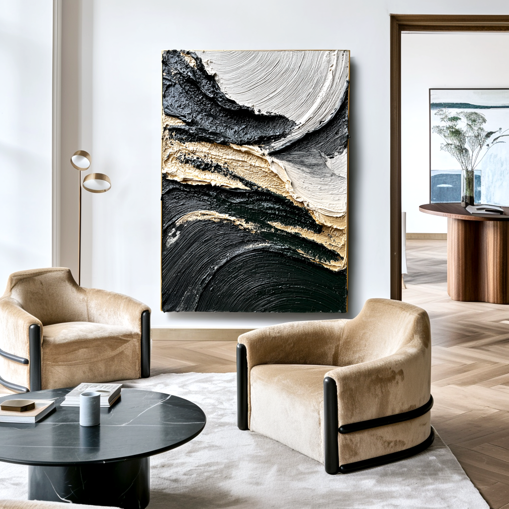 textured black, white, and gold abstract wall art with swirling lines