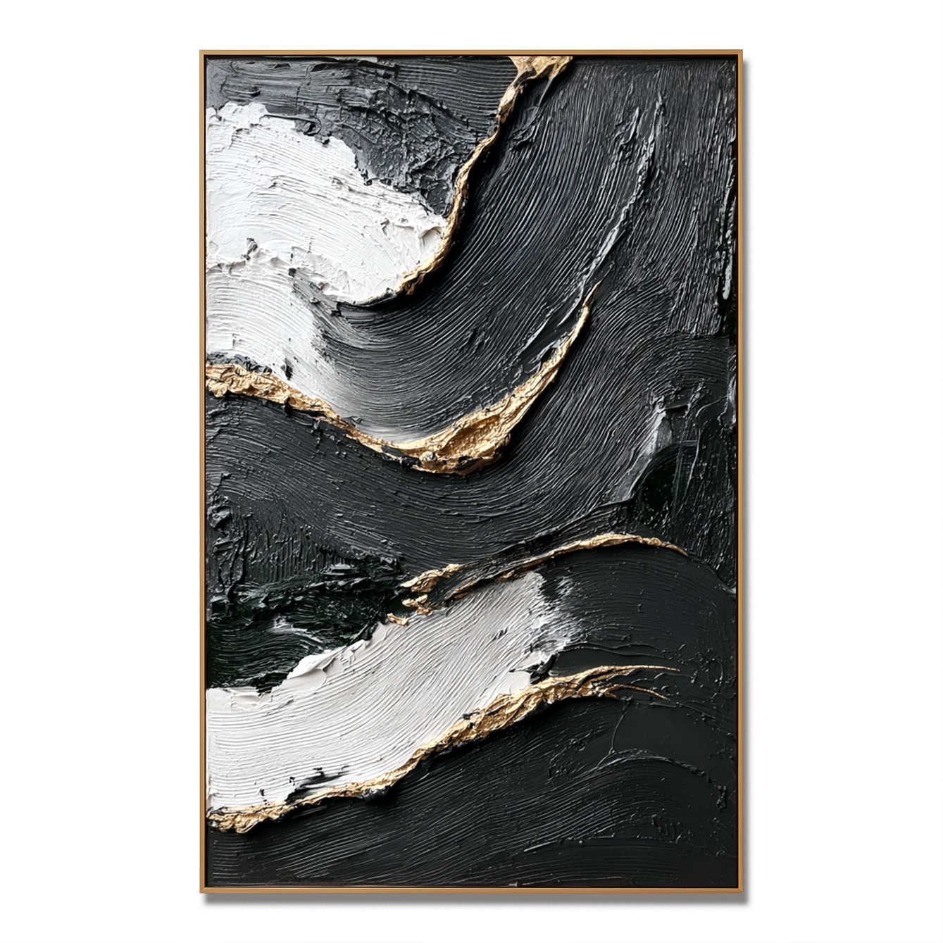 textured abstract black, white, and gold painting with flowing lines