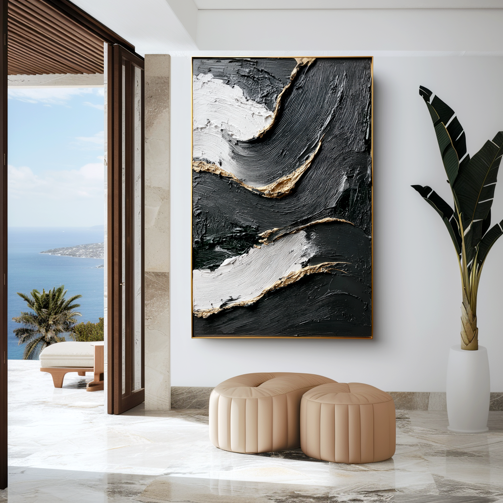 textured abstract black, white, and gold painting with flowing lines