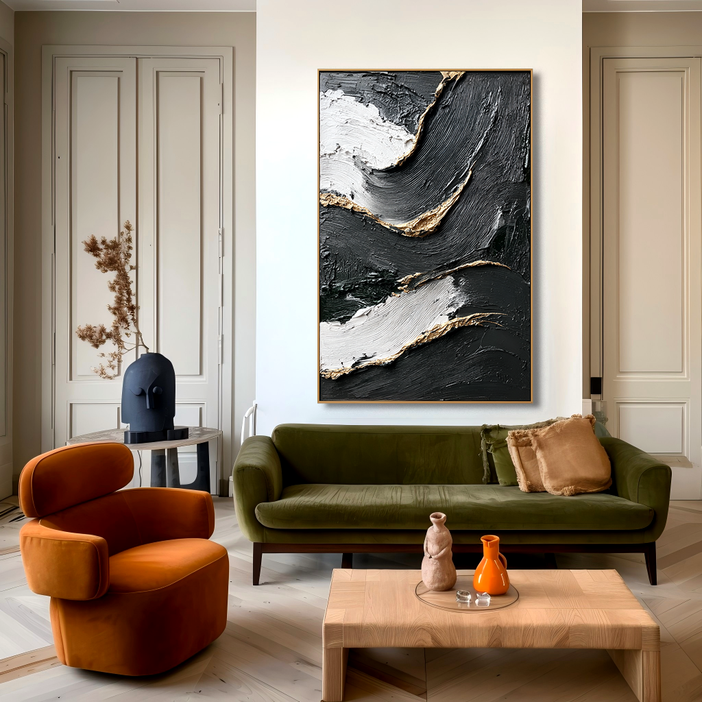 textured abstract black, white, and gold painting with flowing lines
