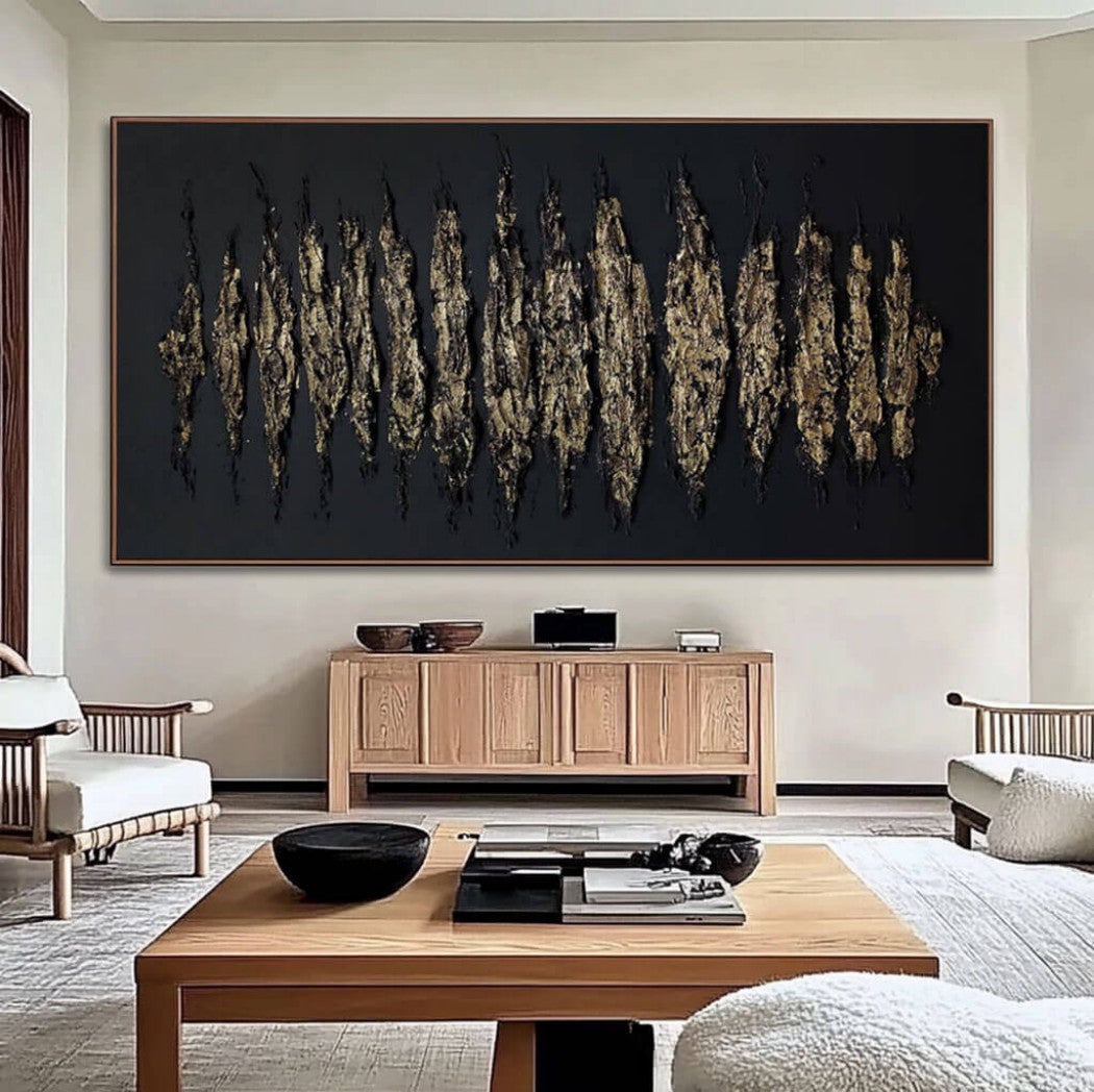 Abstract Gold Textured Oil Painting on Black Canvas #MAG030