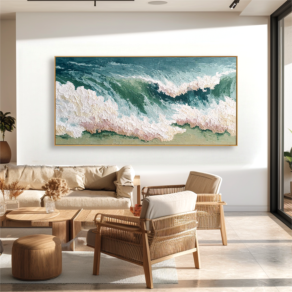 textured ocean wave abstract wall art with thick paint and sea foam