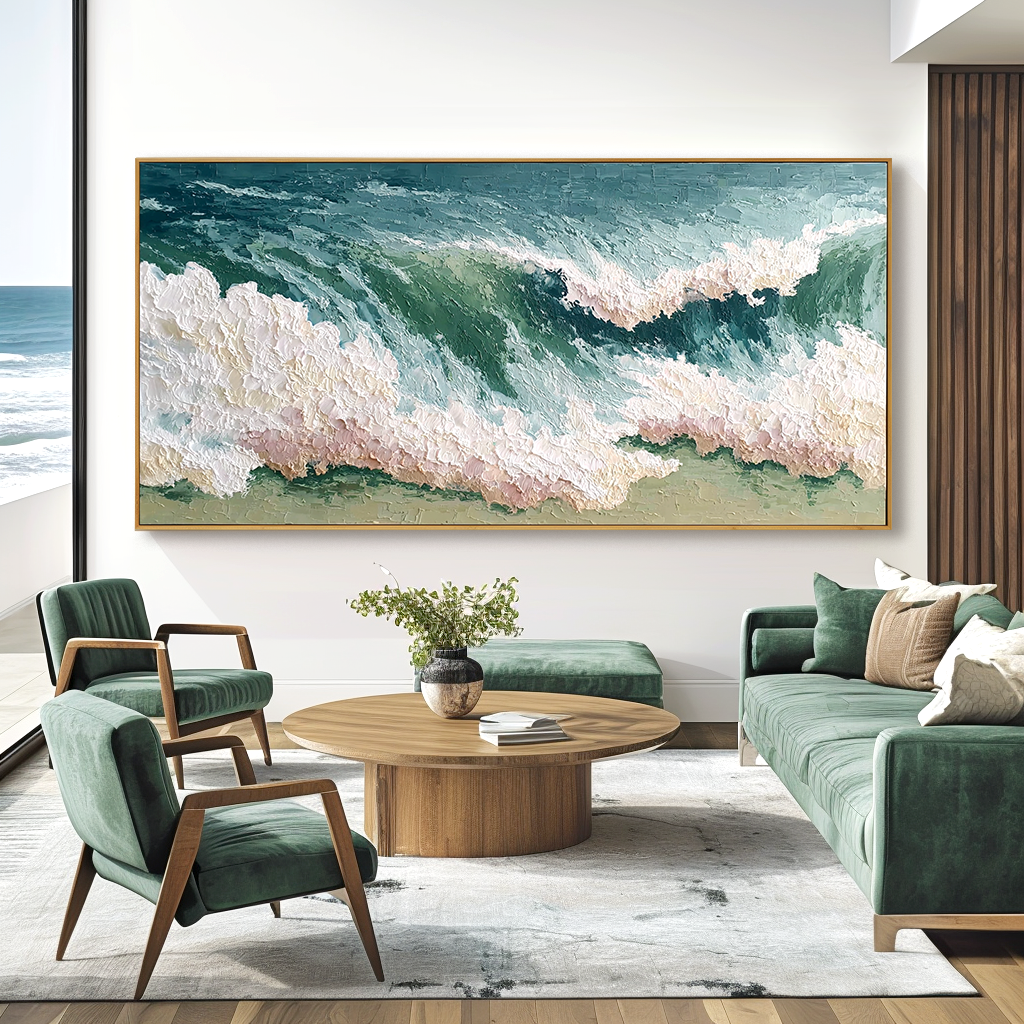 textured ocean wave abstract wall art with thick paint and sea foam