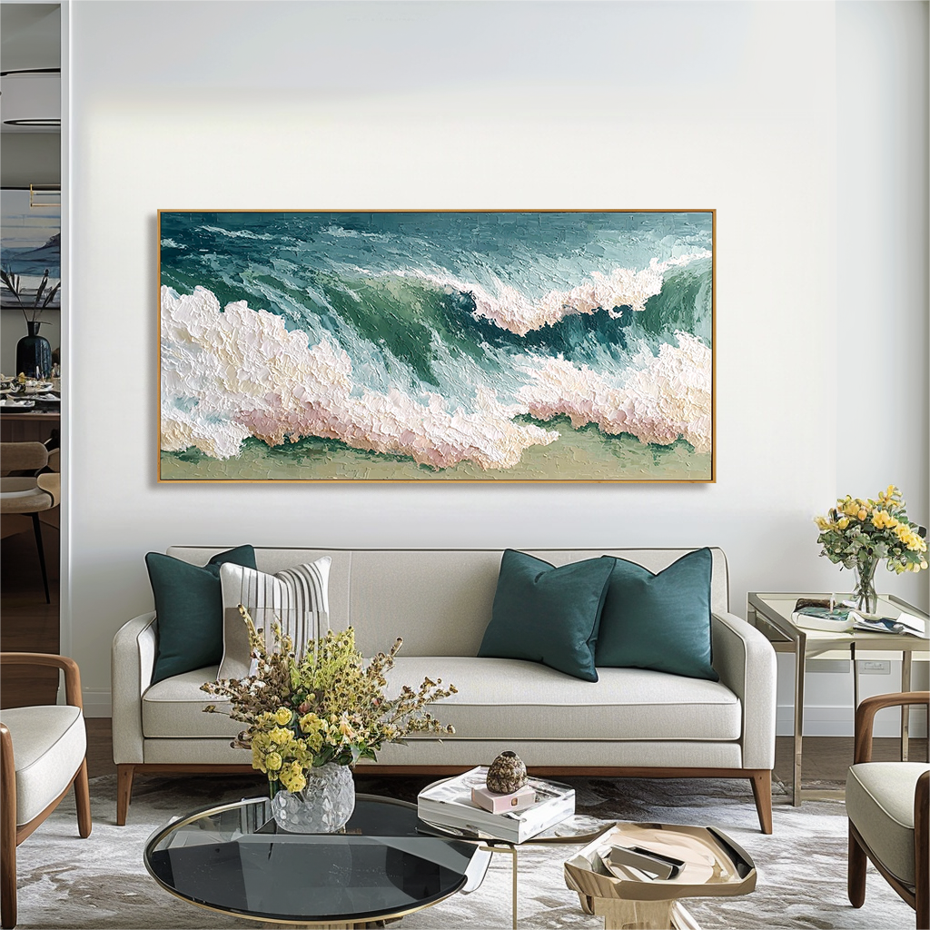 textured ocean wave abstract wall art with thick paint and sea foam