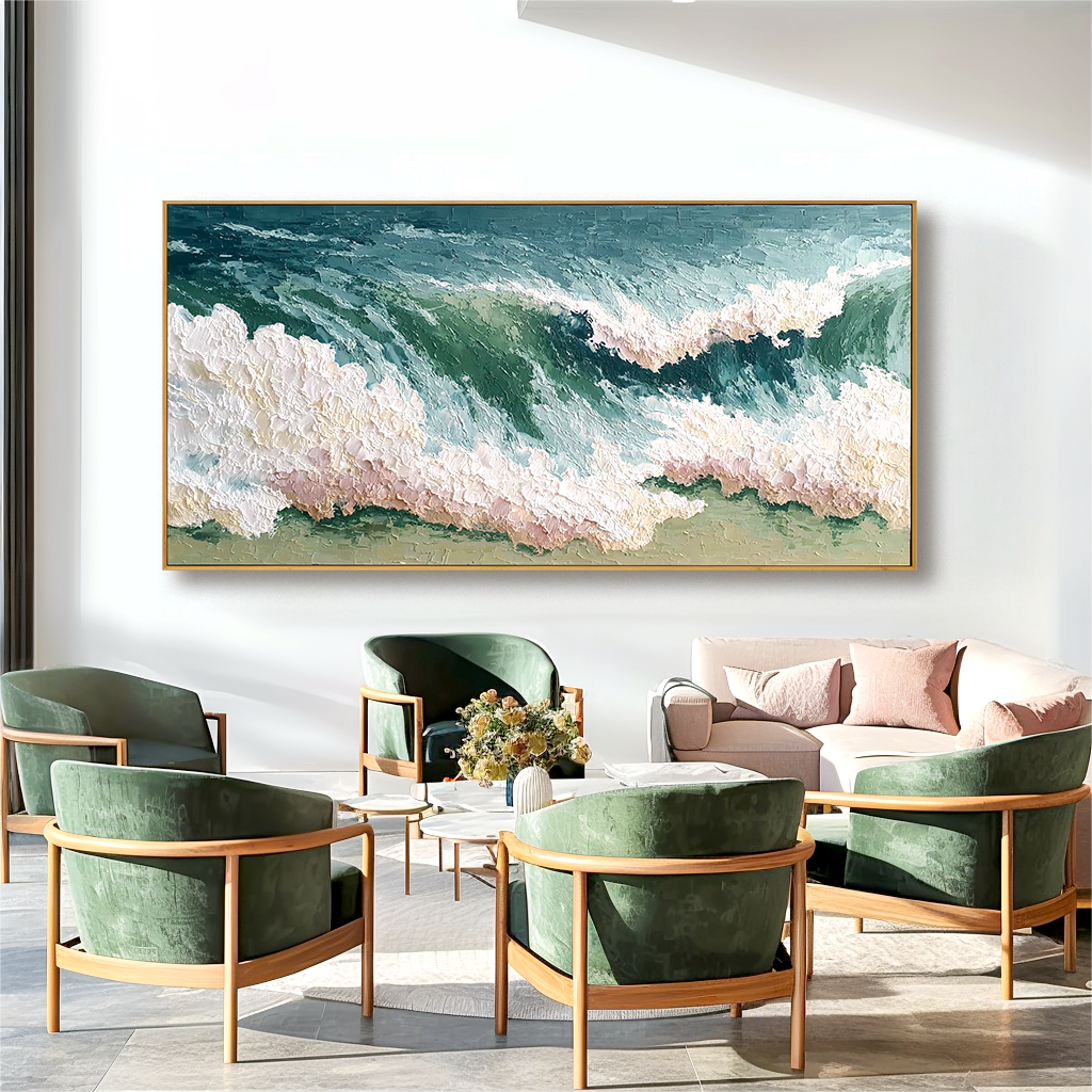 textured ocean wave abstract wall art with thick paint and sea foam
