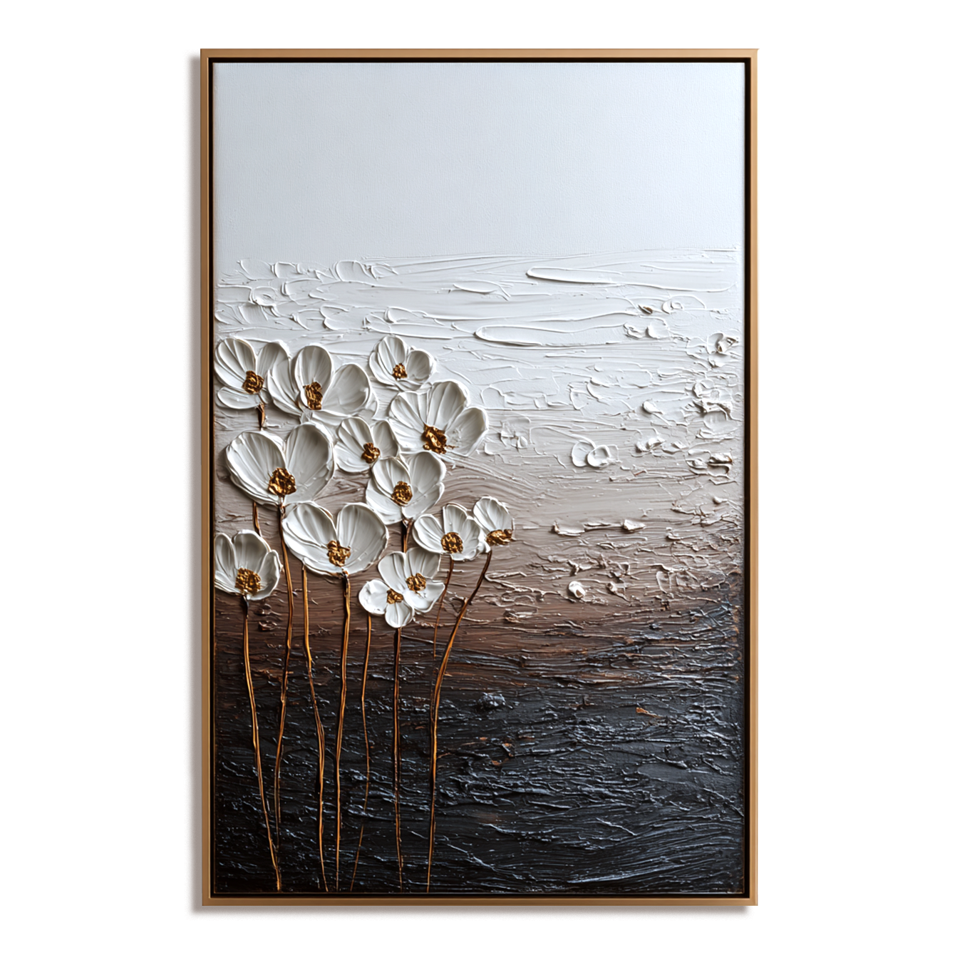 white textured floral wall art with gold stems and raised flowers