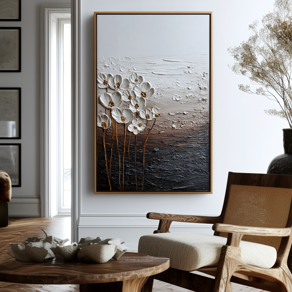 white textured floral wall art with gold stems and raised flowers