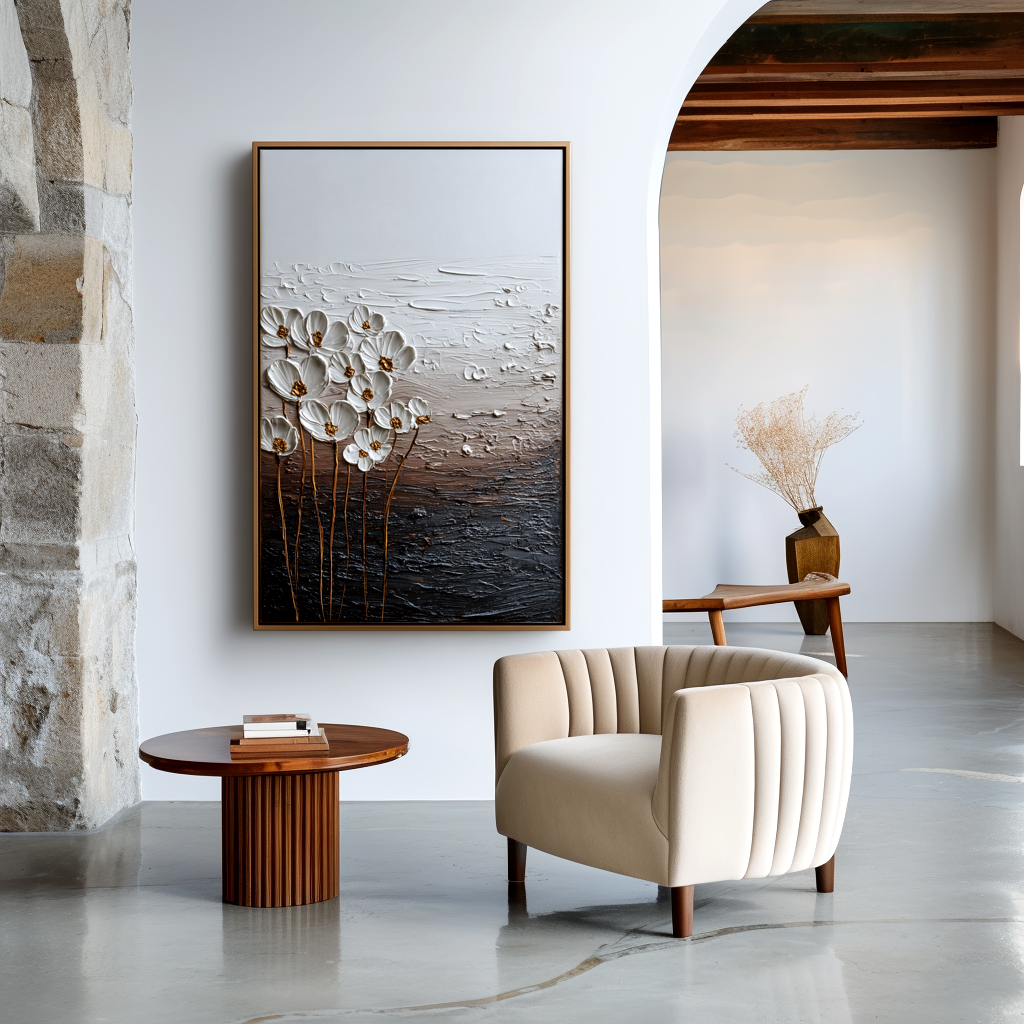 white textured floral wall art with gold stems and raised flowers