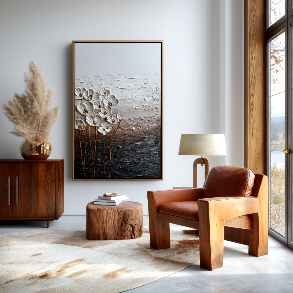 white textured floral wall art with gold stems and raised flowers