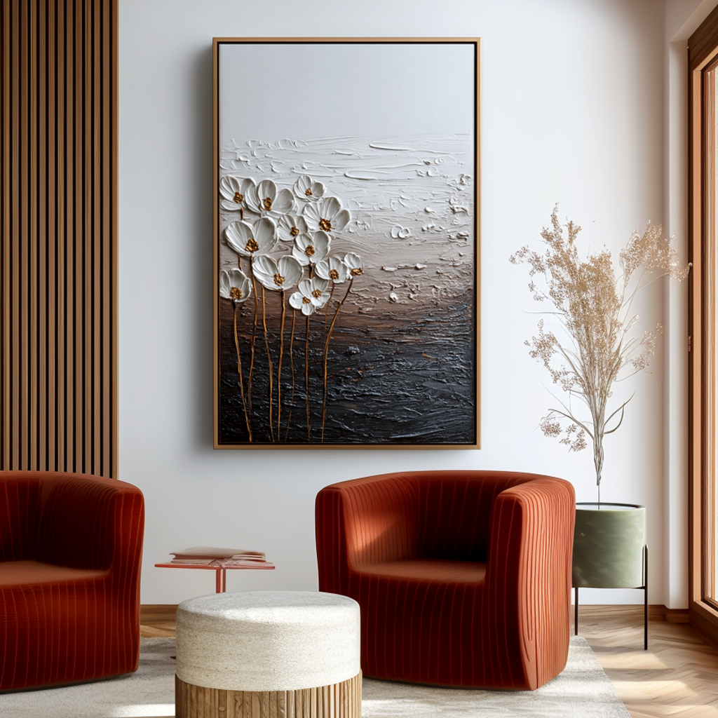 white textured floral wall art with gold stems and raised flowers