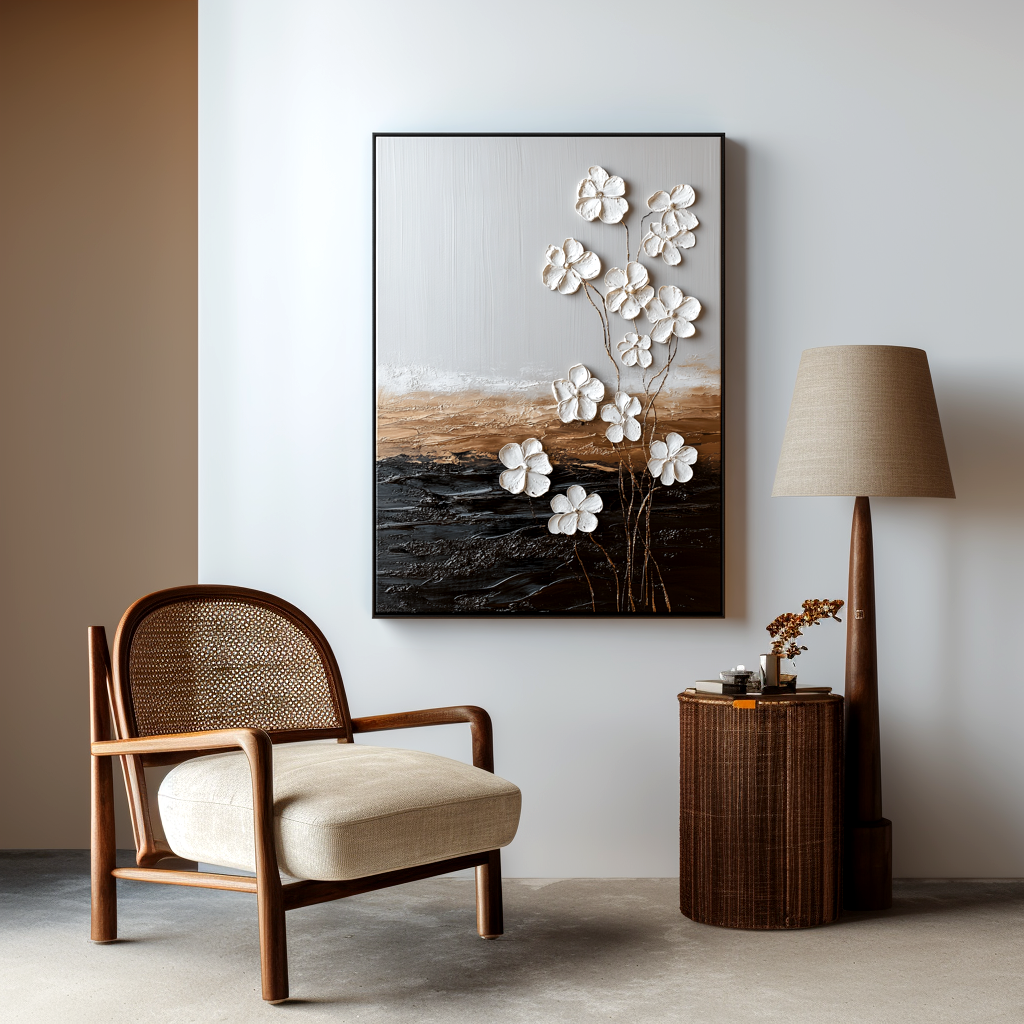 white textured floral wall art with gold stems and raised flower petals