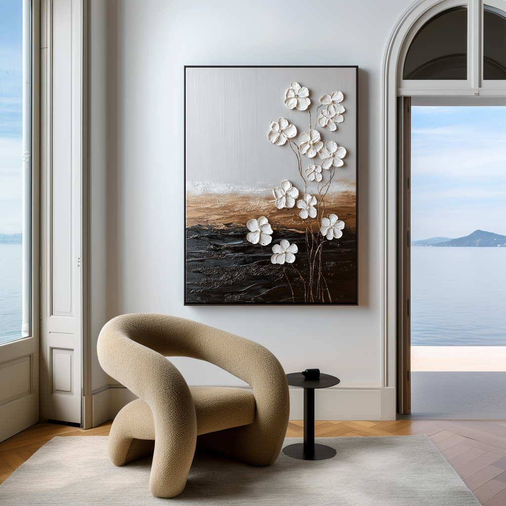 white textured floral wall art with gold stems and raised flower petals