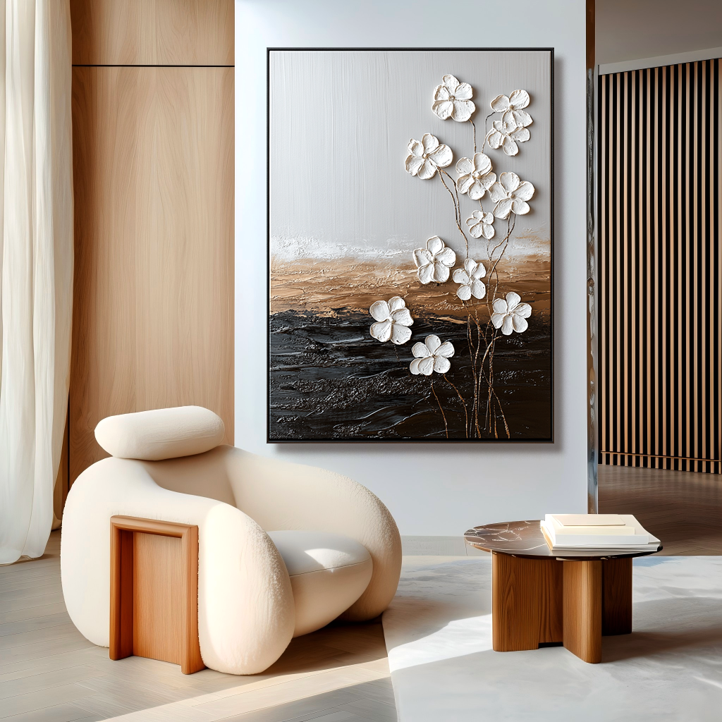 white textured floral wall art with gold stems and raised flower petals