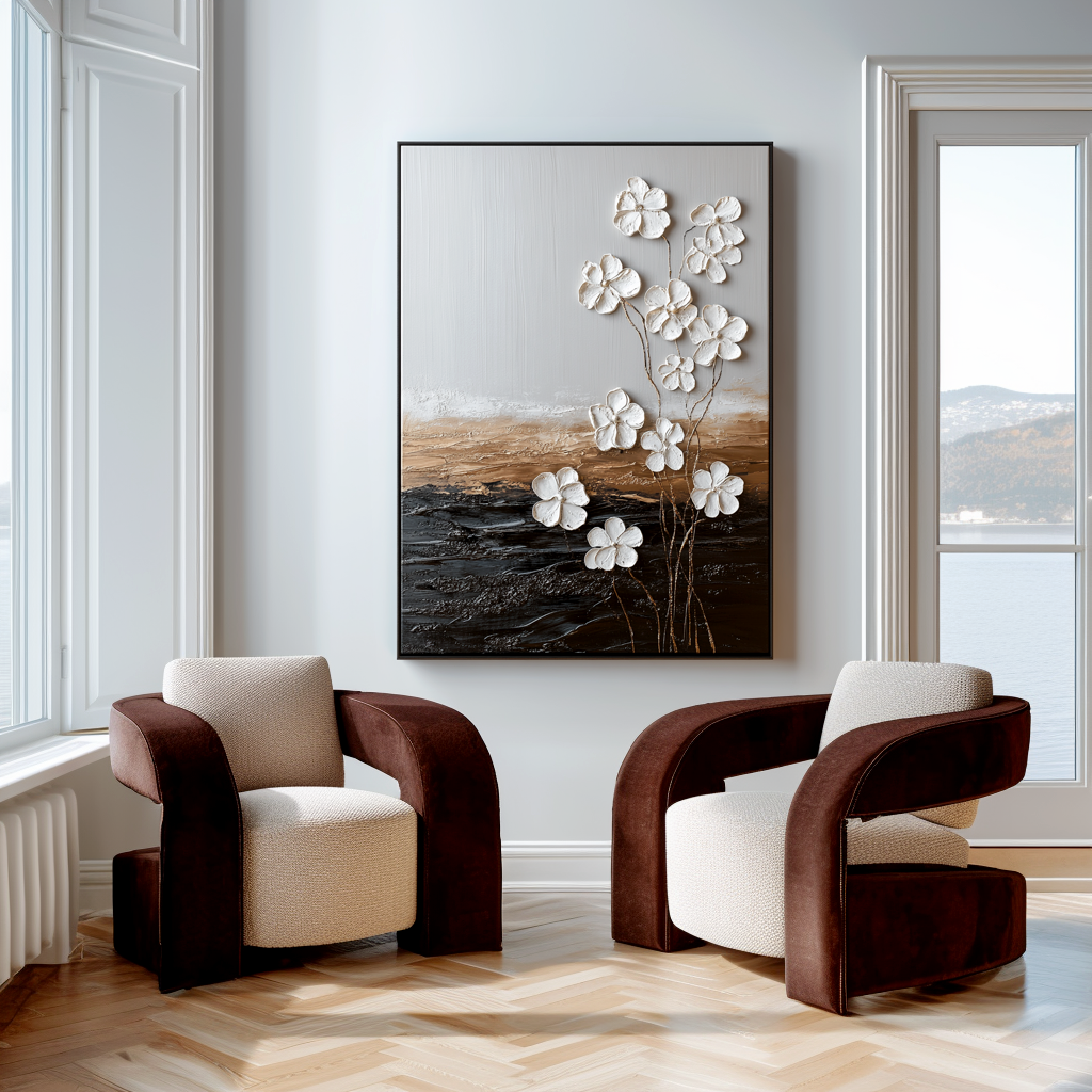 white textured floral wall art with gold stems and raised flower petals