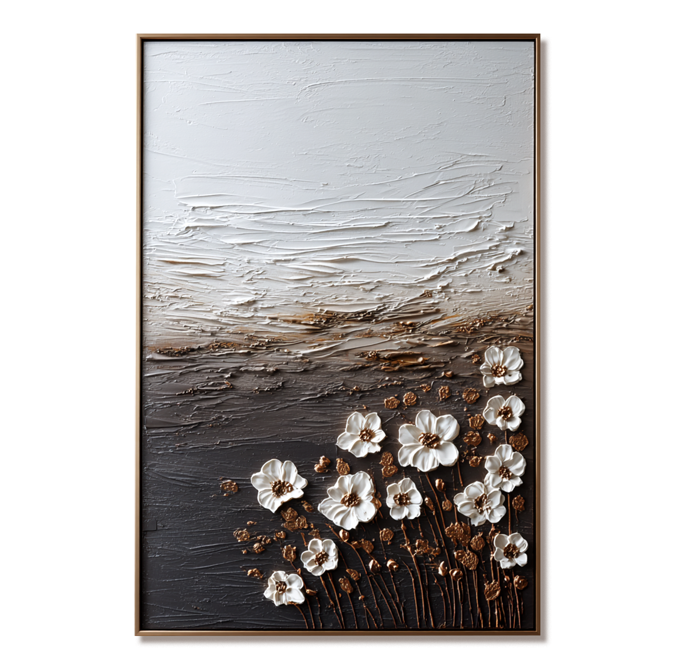 white textured floral wall art with gold stems and raised flower petals