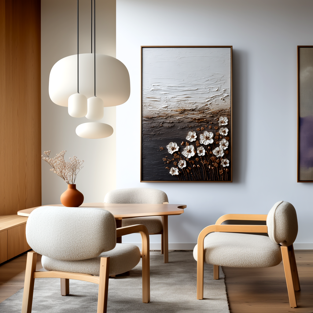 white textured floral wall art with gold stems and raised flower petals