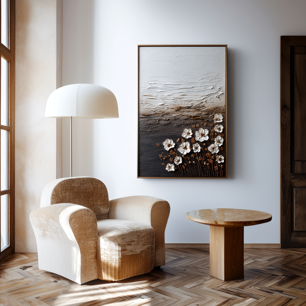 white textured floral wall art with gold stems and raised flower petals