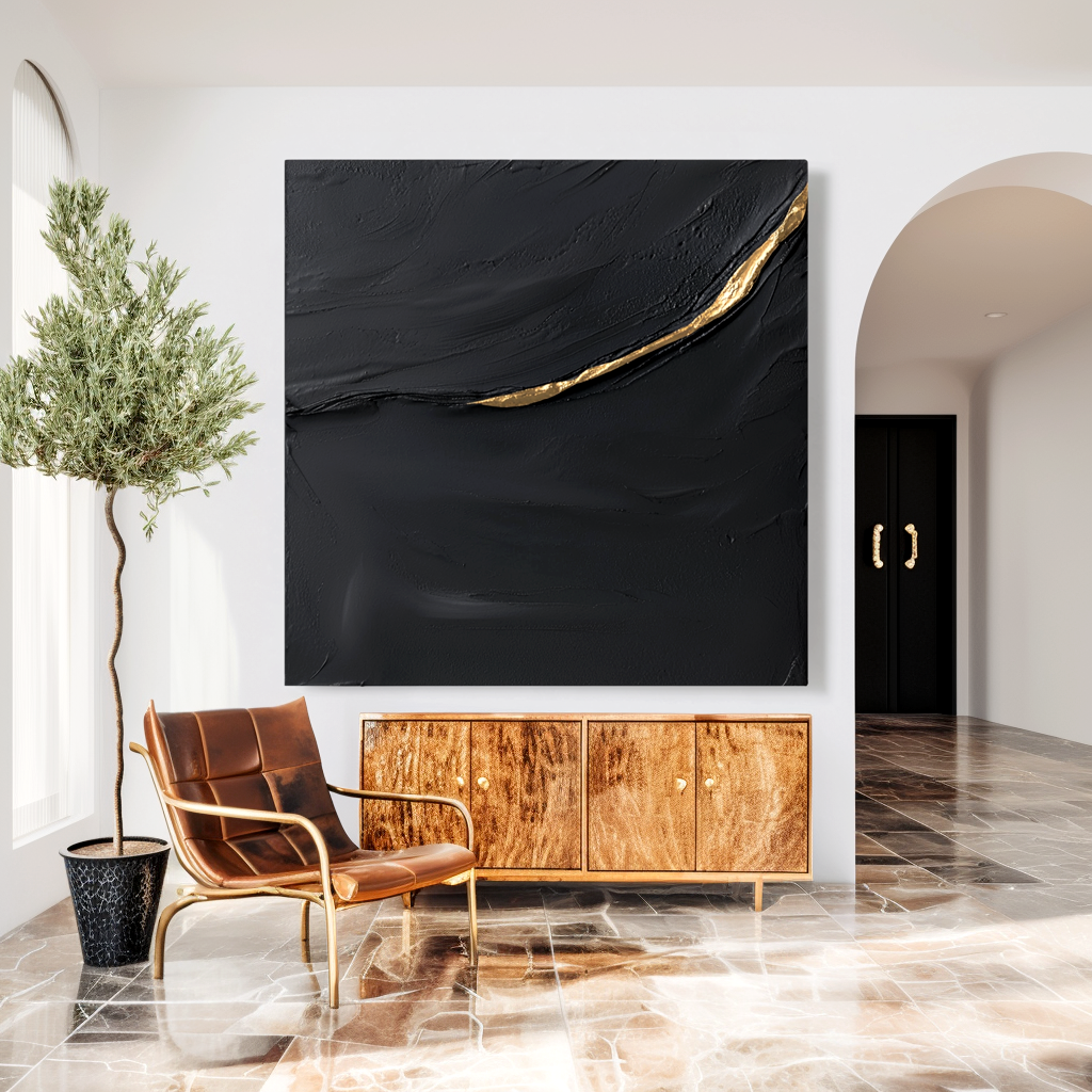 black textured abstract wall art with a flowing gold line