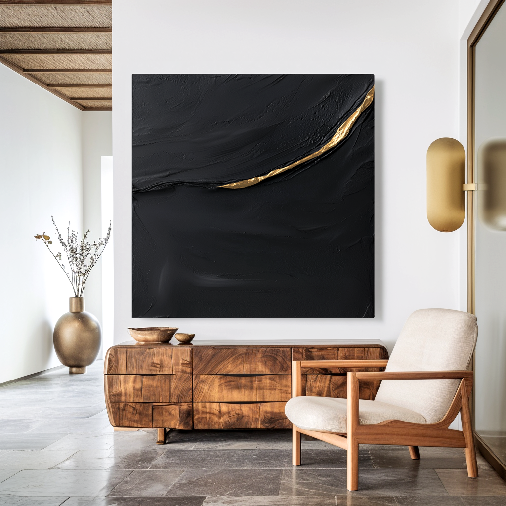 black textured abstract wall art with a flowing gold line