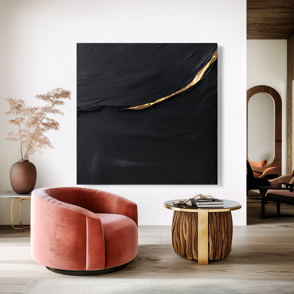 black textured abstract wall art with a flowing gold line