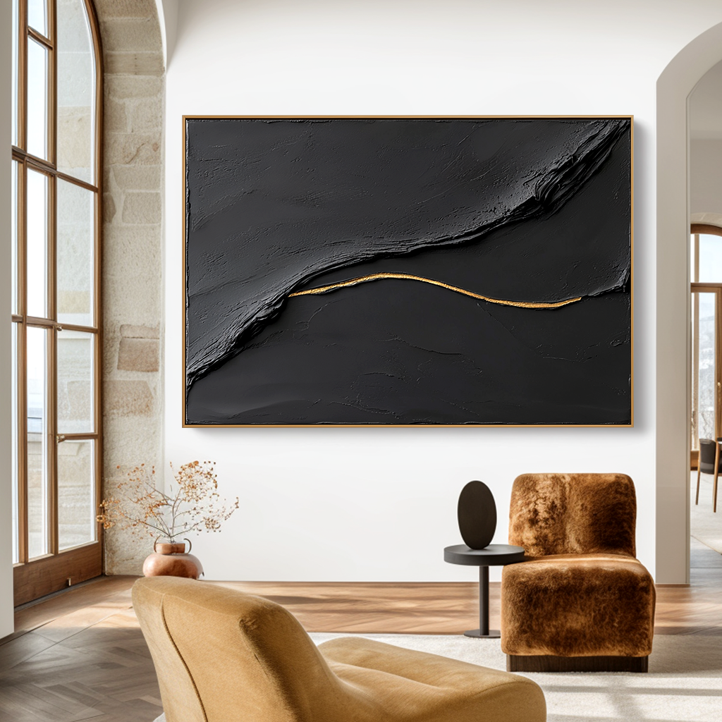 black textured abstract wall art with a gold flowing line