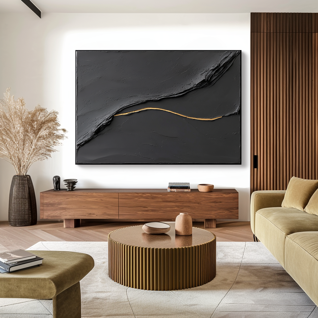 black textured abstract wall art with a gold flowing line