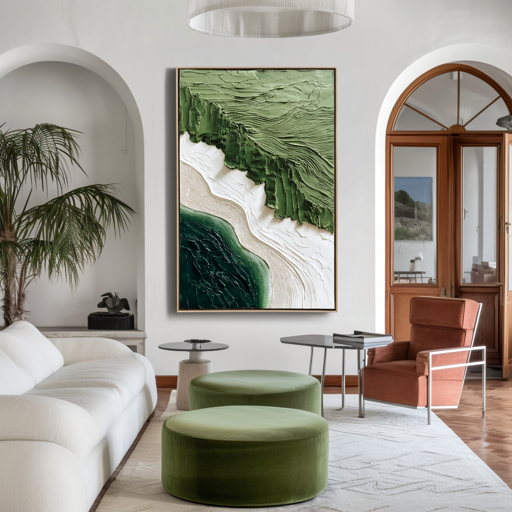 green textured abstract landscape wall art with layered 3D paint