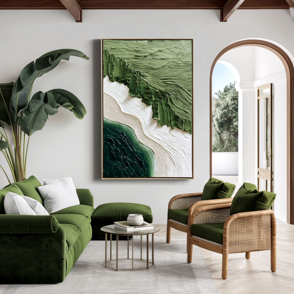 green textured abstract landscape wall art with layered 3D paint