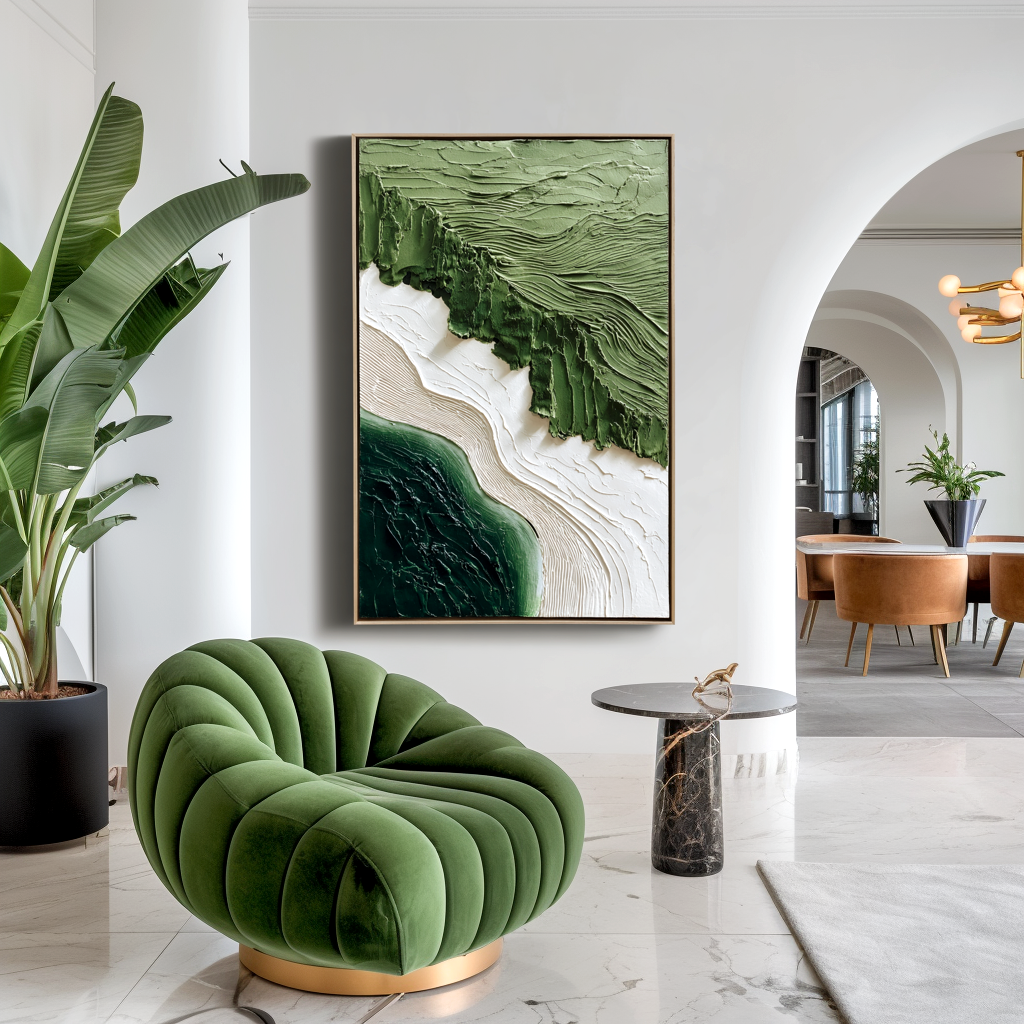 green textured abstract landscape wall art with layered 3D paint