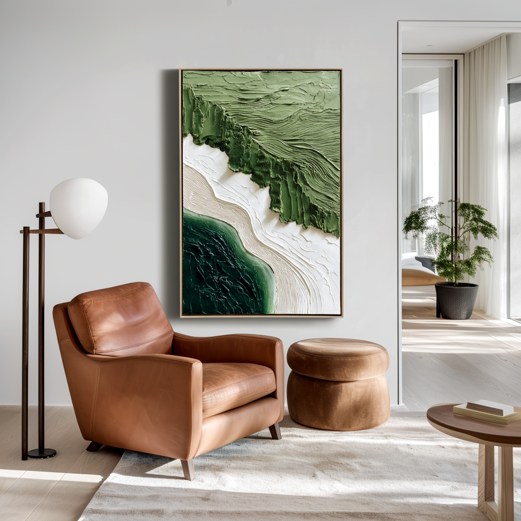 green textured abstract landscape wall art with layered 3D paint