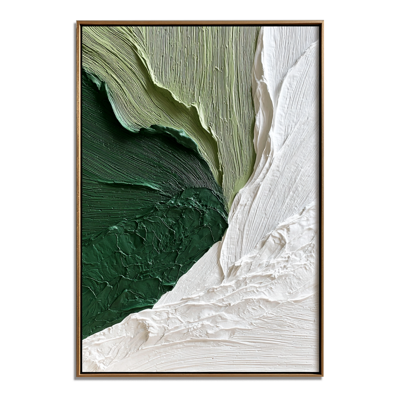 green and white textured abstract wall art with layered 3D paint