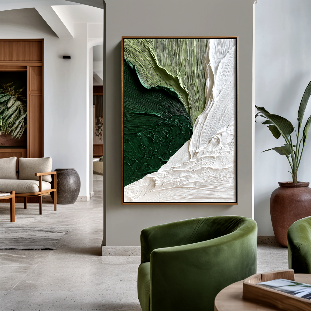 green and white textured abstract wall art with layered 3D paint