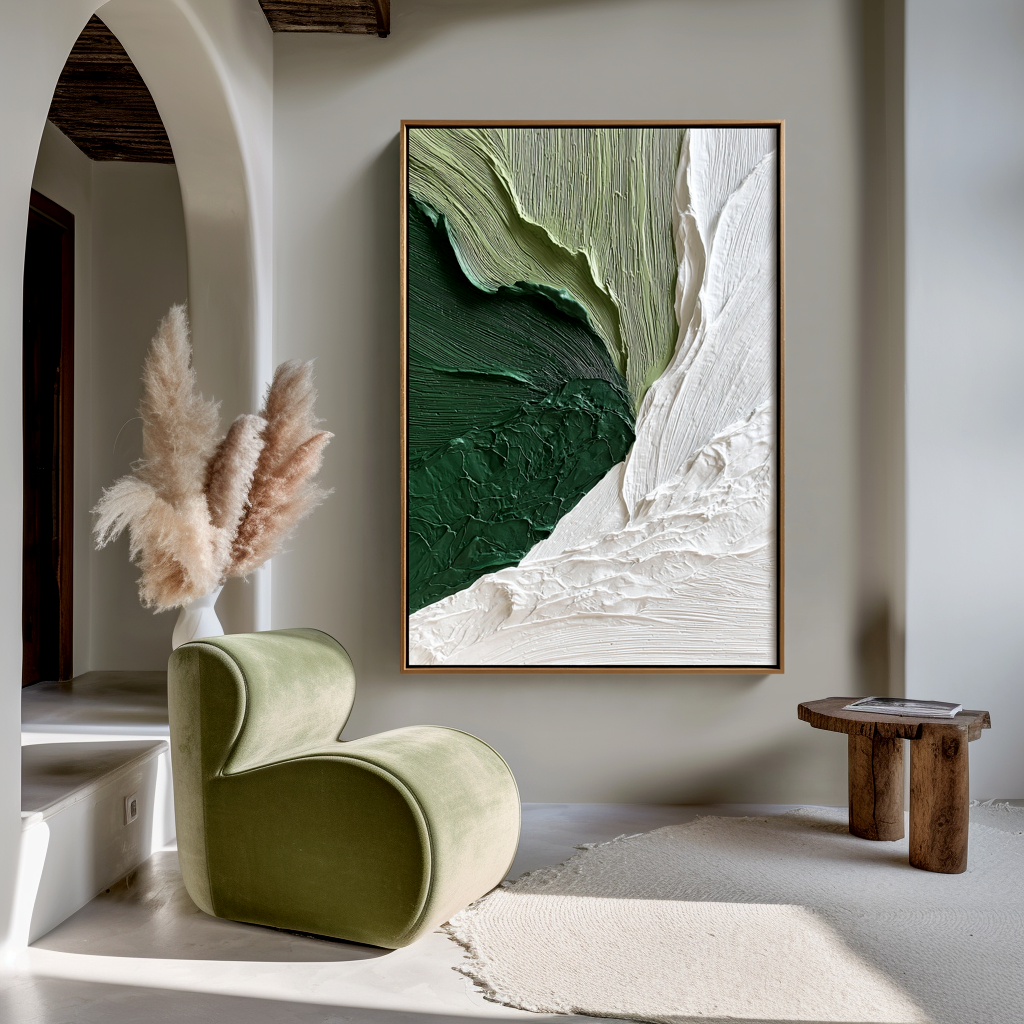 green and white textured abstract wall art with layered 3D paint
