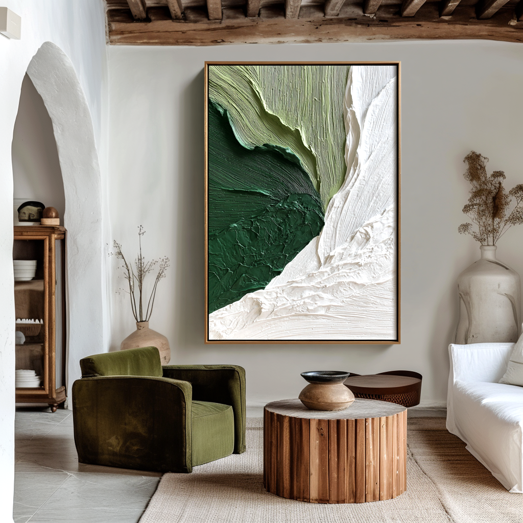 green and white textured abstract wall art with layered 3D paint